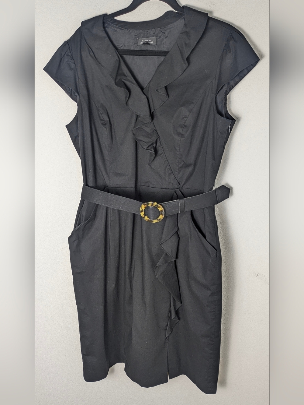 Tahari Size 16 Black Ruffled Sheath Dress Cap Sleeve Belt Cotton Career Business